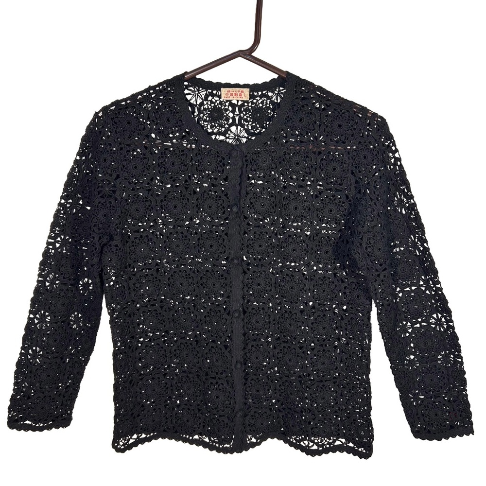 Vintage Black 100% Hand Knitted  Cardigan Sweater, Size-L